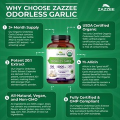 USDA Organic Odorless Garlic 20:1 Extract, 5000 mg Strength, 100 Vegan Capsules