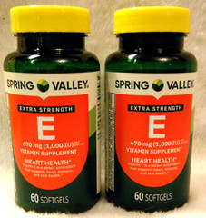 2) Spring Valley Vitamin E 1000 IU (670mg) –60ct Extra Strength D-Alpha Softgels