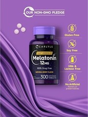 Carlyle Melatonin 12mg Fast Dissolve 300 Tabs Natural Berry Drug Free Vegan.