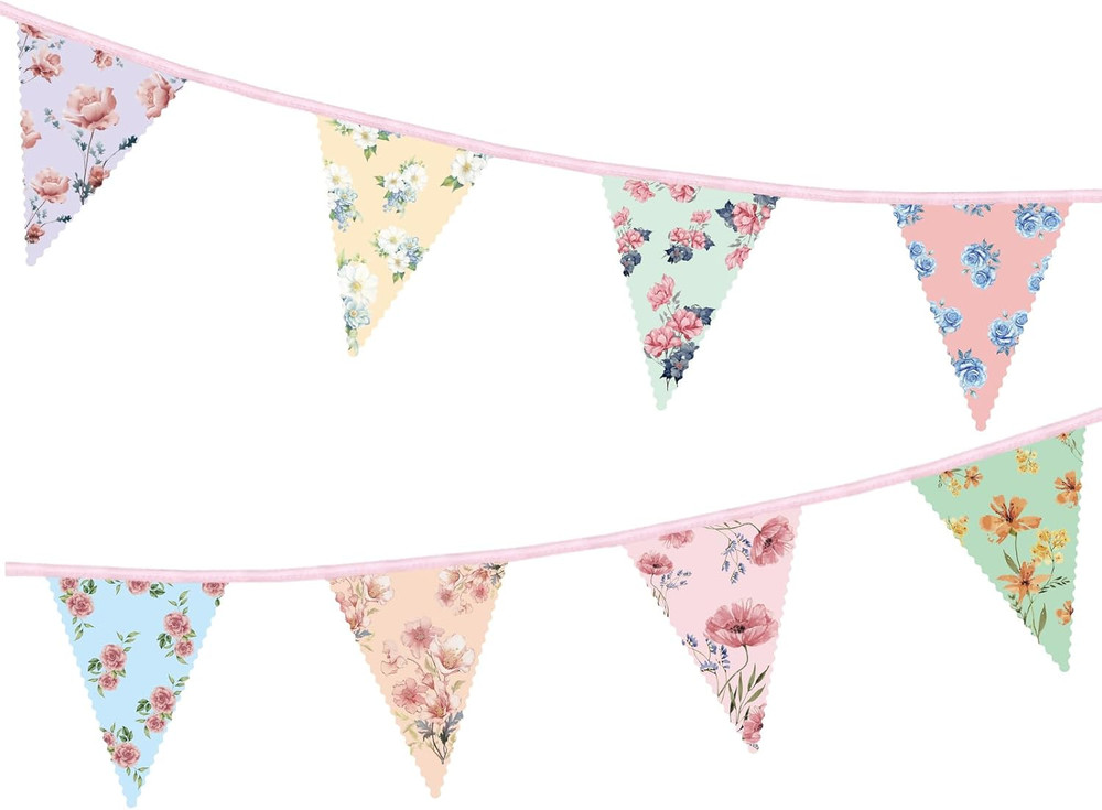 2PCS Floral Paper Garland, 13Ft Vintage Wildflower Bunting Triangle Banner for T