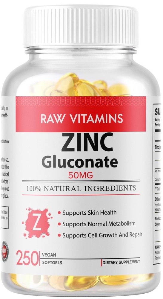 Zinc Gluconate Skin Metabolism (50mg) Gluten Free and Non-GMO 250 Softgel USA