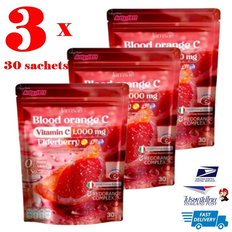 3 x 30 sachet Jamsai Blood Orange Vitamin C 1.000 mg. Elderberry Natural Supp