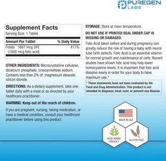 Puregen Labs Folic Acid (Vitamin B9) 1000 mcg, 1000 Tablets
