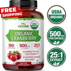 Zazzee USDA Organic Cranberry 25:1 Extract, 500 mg, 180 Vegan Capsules, Kosher