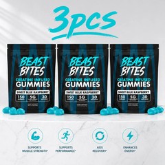 3 PACKS-Beast Bites Creatine Infused Gummies Sweet Blue Raspberry – 30 Servings+