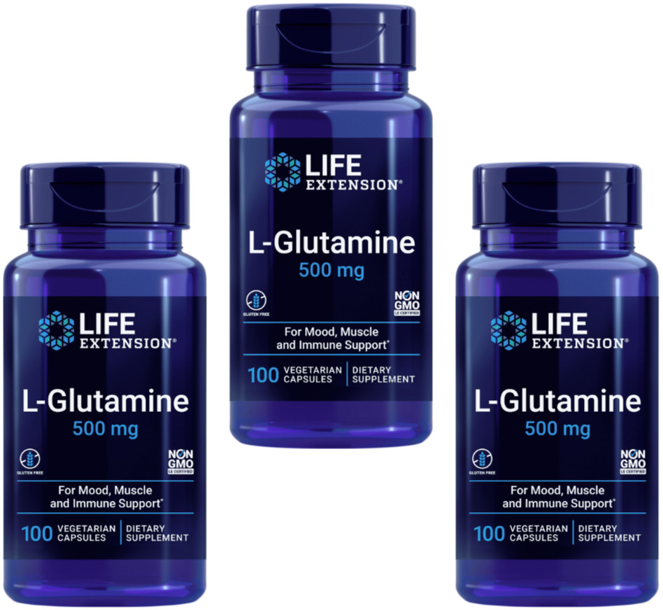 3 PACK Life Extension L-Glutamine 500 mg Mood Muscle Immune Support 100 Veg Caps