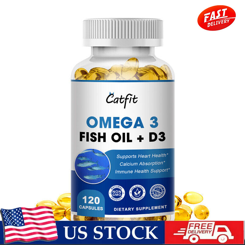 120Pcs Omega 3 Fish Oil+Vitamin D3 Pills 1200mg 3x Strength High Potency