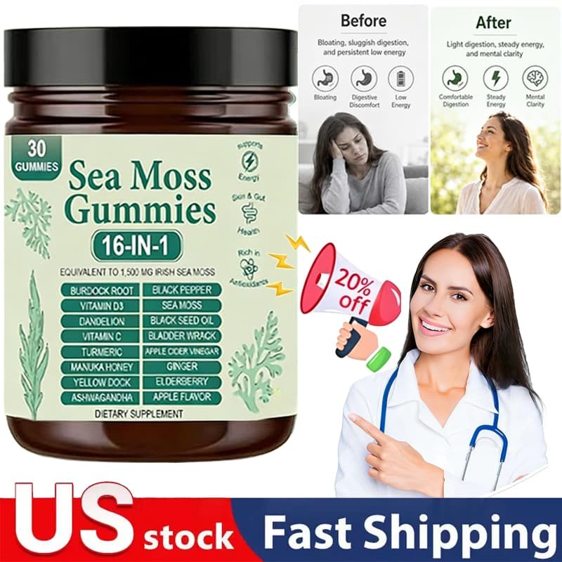 16 in 1 Organic Sea Moss Gummy | Irishmoss Extract 6000Mg | Green Apple Flavor