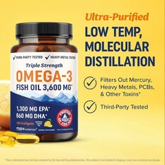 Burpless Fish Oil Omega 3 with Lemon Oil – 3600 mg EPA & DHA Softgels, 120 Count