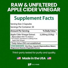Healthfare Apple Cider Vinegar 3,200mg Maximum Immune Strength ACV Supplement