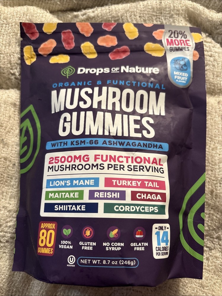 Drops of Nature Mushroom Gummies Mixed Fruit 80 Count Exp 02/2027 – 2500mg