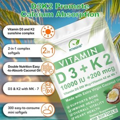 Microingredients Vitamin D3 10000 iu K2 (MK-7) 200 mcg, 300 Coconut Oil Softgels