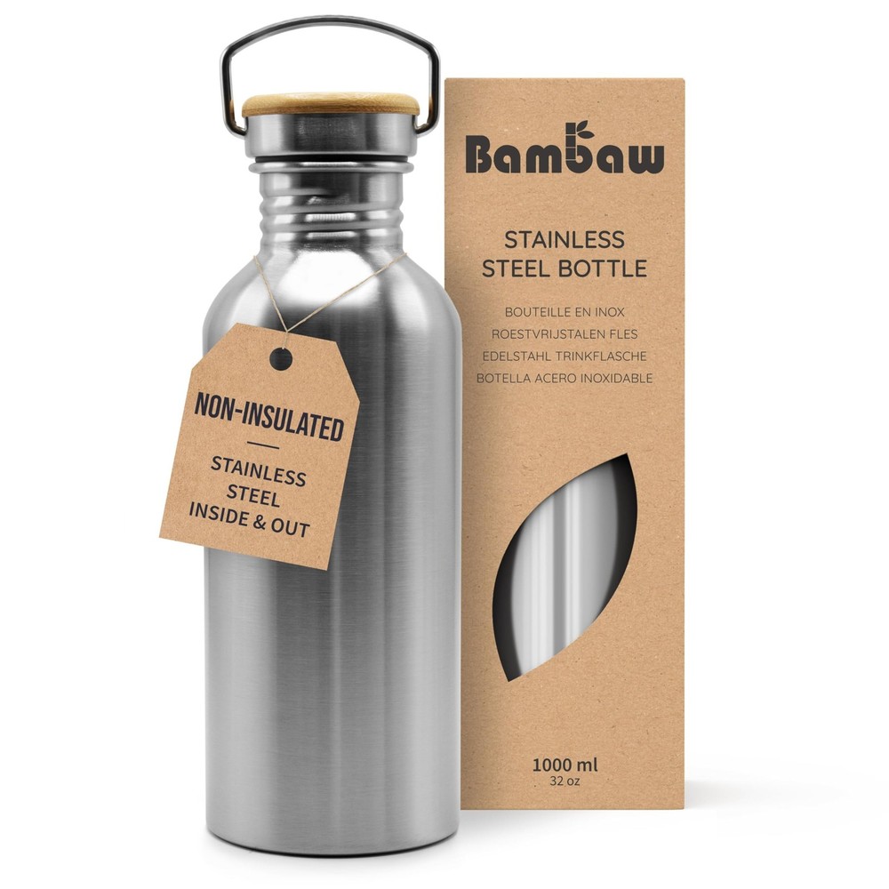 Bambaw Stainless Steel Water Bottles 32 oz, Non-insulated 32 Silver