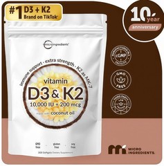 2 PCS Vitamin D3 10000 iu Plus K2 (MK-7) 200 mcg,300 Virgin Coconut Oil Softgels