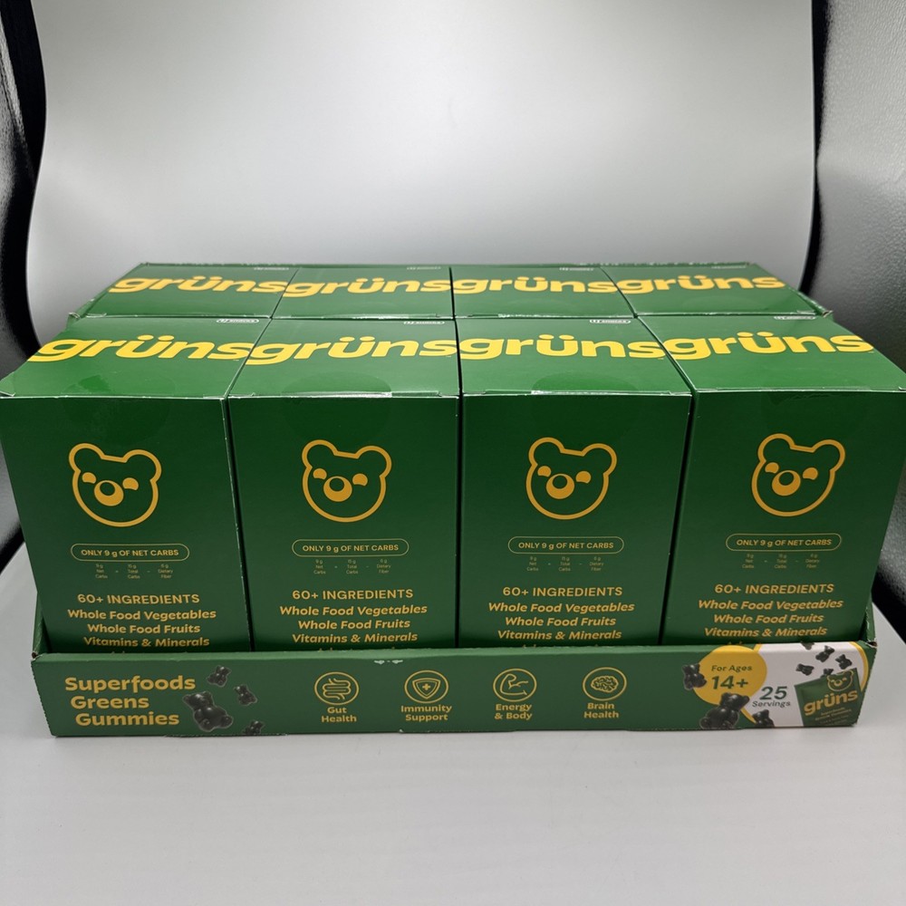 Gruns Adults Super Greens Gummies, Multivitamin Superfood Gummy Bears 25X8=200