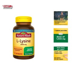 L-Lysine 1000 mg, Dietary L-Lysine Supplements, 60 Tablets, 60 Day Supply