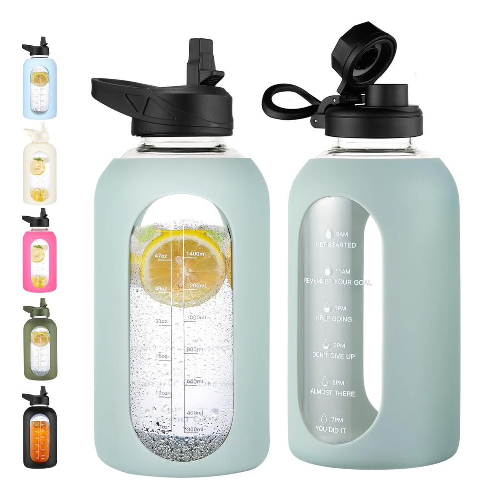 CIVAGO 64 oz Glass Water Bottle Jug with Straw and Handle, 64 Ounces, .Sage