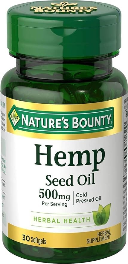 Nature’s Bounty Hemp Seed Oil, Cold Pressed Oil 500mg, 30 Count EX-7/31/22