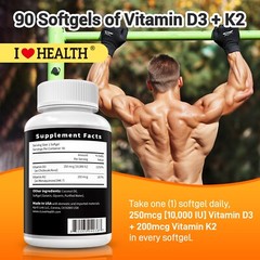 D3 + K2 Vitamin 10000 IU – Bone and Heart Health Supplement – Max Strength,90ct