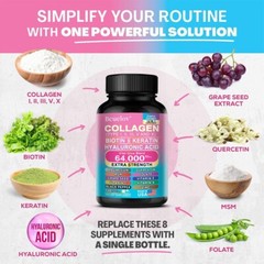 Collagen Peptides Type I II III V X – Biotin, Keratin, Hyaluronic Acid