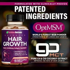 NEW Rainbow Nutrients ADVANCED Hair Growth Vitamins – Biotin 10,000mcg, Collagen