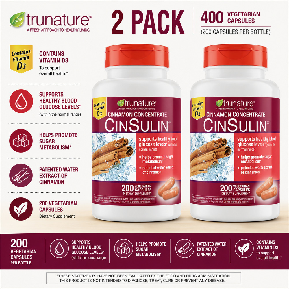 2-Pack Trunature Cinnamon Concentrate Cinsulin 500mg, 200 Vegetarian Capsules