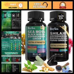 Shilajit & Sea Moss Bundle – 180 Count, Black Seed Oil, Ashwagandha, Ginger, Rho