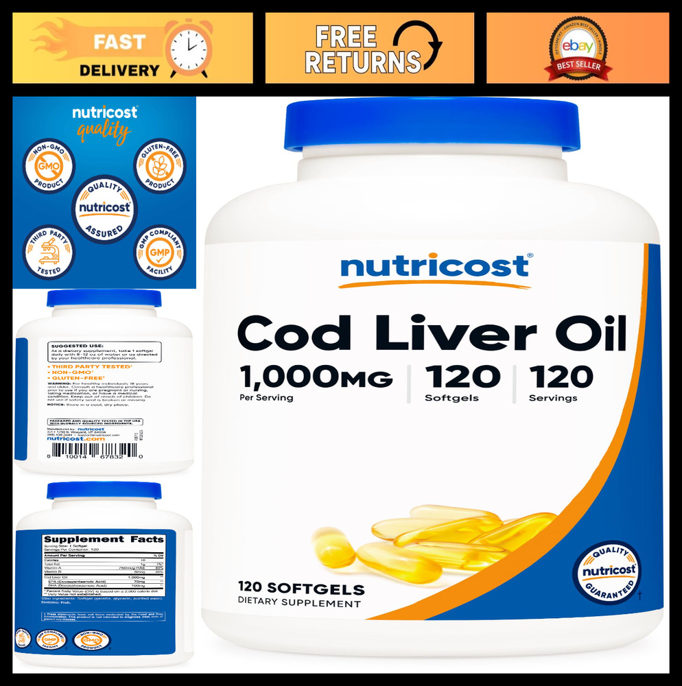 Cod Liver Oil 1000mg Softgels – Non-GMO, Gluten Free, Omega-3 Fatty Acids, 120 C