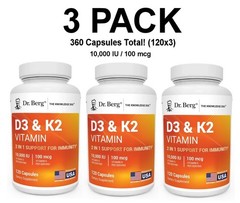 Dr. Berg’s D3 & K2 Nutrient, 3 PACK, 10,000 IU, 100 mcg per serving, 120 Caps