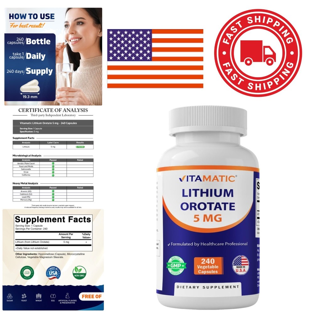 Lithium Orotate 5mg Vegetarian Capsules 240 Count for Brain Health Support