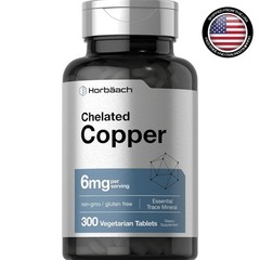 Chelated Copper Supplement 6mg, 300 Tablets, Non-Gmo & Gluten Free, by Horbaach