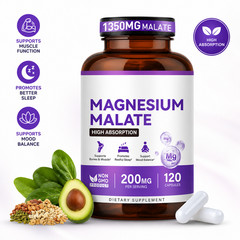 1350mg Magnesium Malate 200mg Elemental High Absorption 120 Capsules Non-GMO Veg