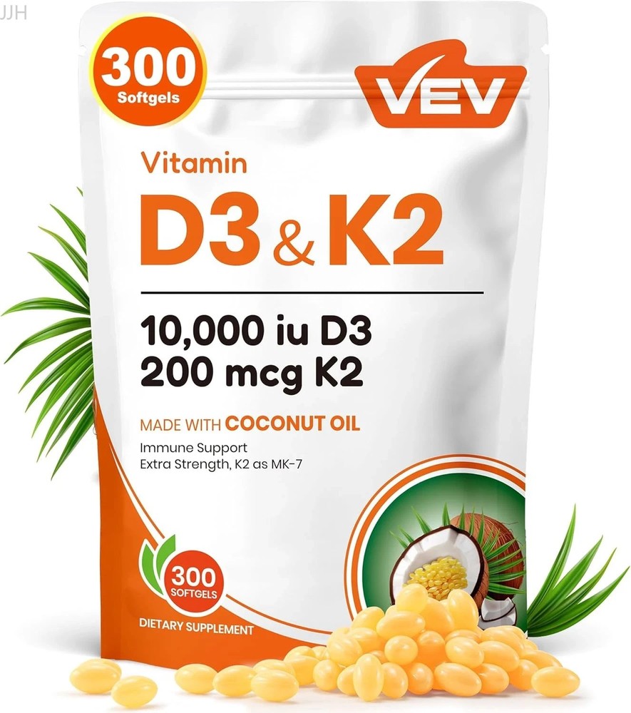 10000 IU Vitamin D3 K2 W/ Virgin Coconut Oil 300 Softgels 2 In 1 Vitamin New
