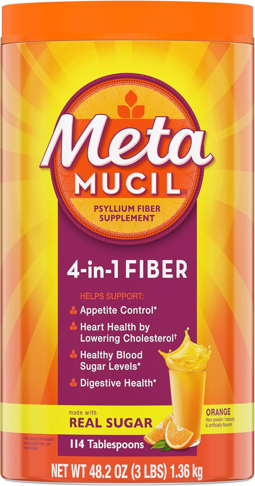 4-In-1 Psyllium Husk Fiber Supplement, Real Sugar, 114 Tablespoons, Orange Flavo
