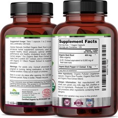 USDA Organic Beet Root 8000 mg Strength 20:1 Extract, 120 Vegan Capsules, Kosher
