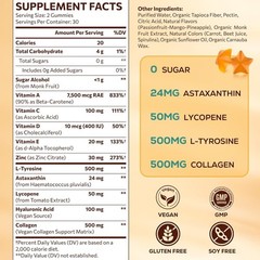 Tanning Gummies 24mg Astaxanthin Collagen L-Tyrosine Sunless Tan Booster 60count