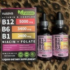 nusava Vegan Liquid Vitamin B Complex B12 5000mcg Fruit Punch 2 fl oz x2