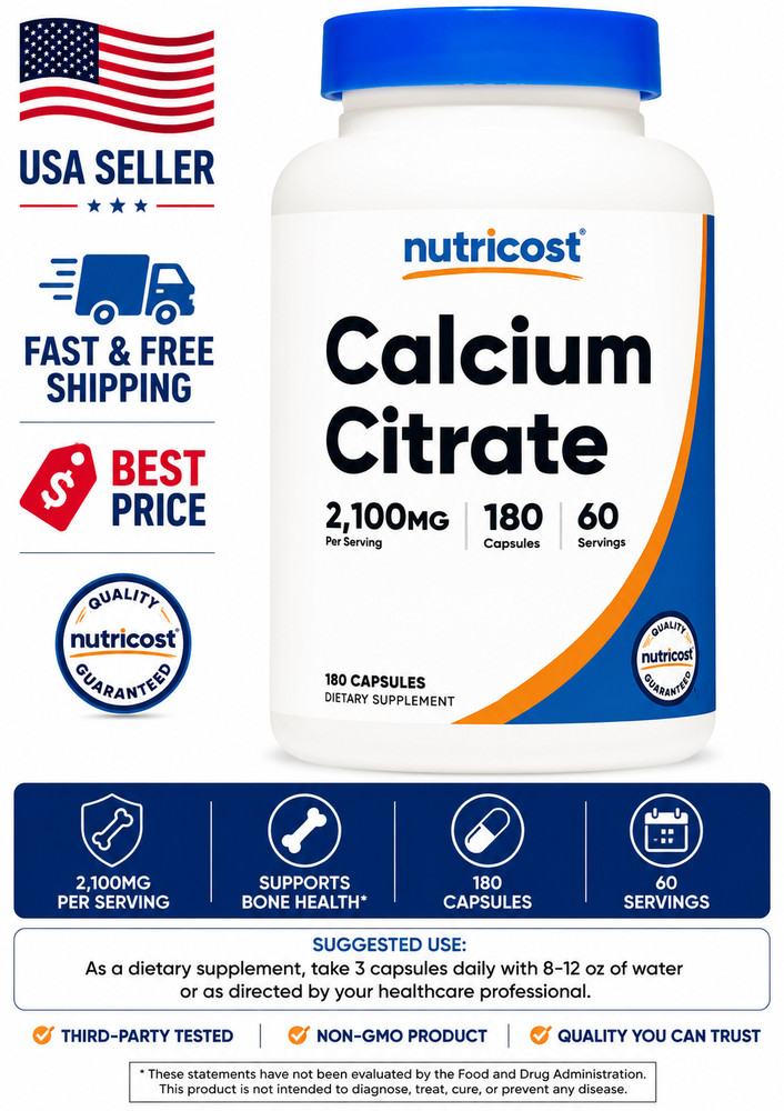 Nutricost Calcium Citrate 2100mg 180 Capsules Bone Health Supplement Non-GMO