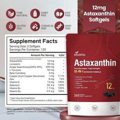 VivoNu Astaxanthin 12mg 240 Softgels 10-in-1 Antioxidant Eye Skin Joint Health