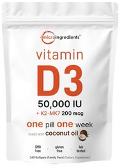 Vitamin D3 50000 IU Plus K2 MK-7 200 mcg 240 Virgin Coconut Oil Softgels