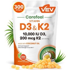 VEV Corefeel Vitamin D3 K2 10000 IU 200 mcg MK-7 300 Softgels Coconut Oil