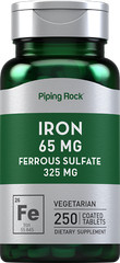 Iron Ferrous Sulfate 65 mg | 250 Tablets | Non-GMO | By Piping Rock