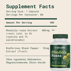 Soluma Rhodiola Rosea, 400mg Per Serving With Bioperine,Non-GMO, 60 Capsules