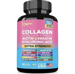 Collagen Peptides Types I, II, III, V & X MCG Biotin Keratin Hyaluronic Folate