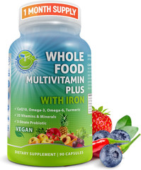 Vegan Whole Food Daily Multivitamin with Iron, Methylated Multivitamin for Women
