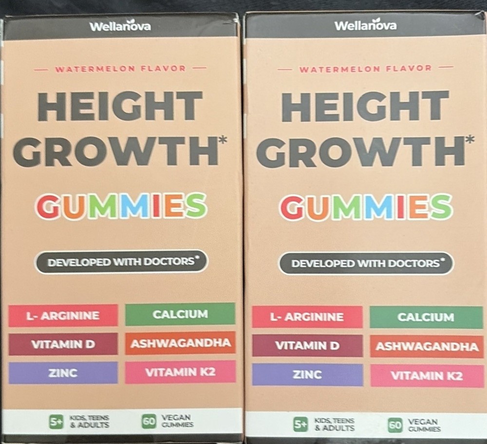 New 2 bottles Wellanova Height Growth Gummies 120 total Vegan Gummies Watermelon