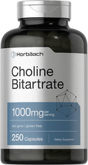 Choline Bitartrate 1000mg 250 Capsules High Potency Non-GMO Gluten Free Horbaach