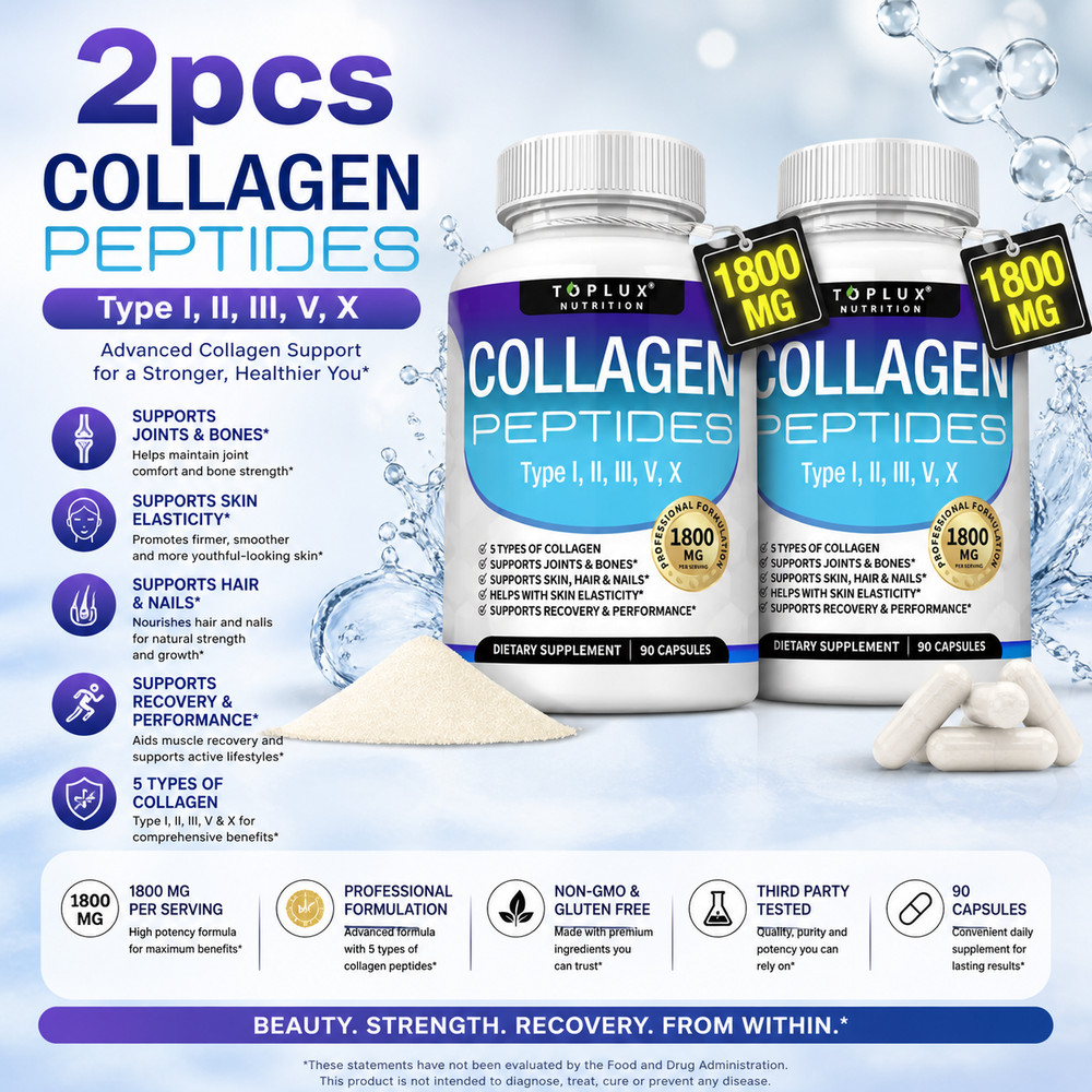 Toplux Multi Collagen Peptides 1800mg Types I II III V X 180 Capsules
