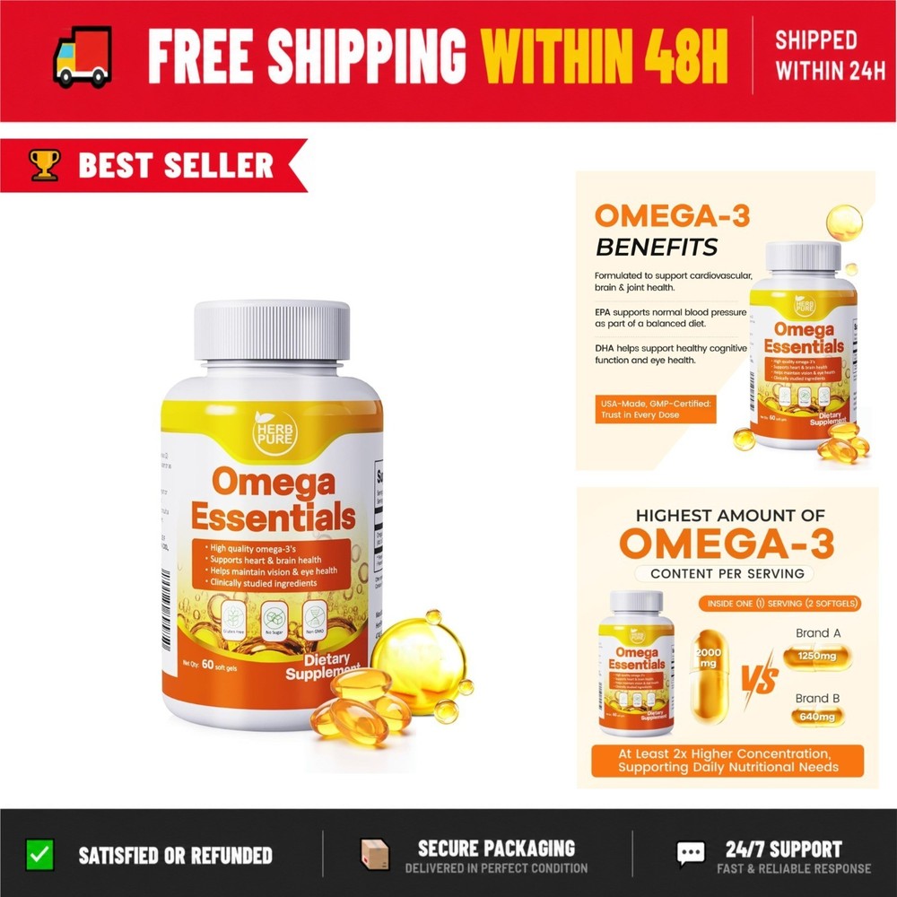 Omega-3 Fish Oil 2000mg Softgels, 600mg EPA & 400mg DHA, 60 Count