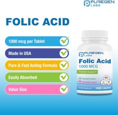 Puregen Labs Folic Acid (Vitamin B9) 1000 mcg, 1000 Tablets